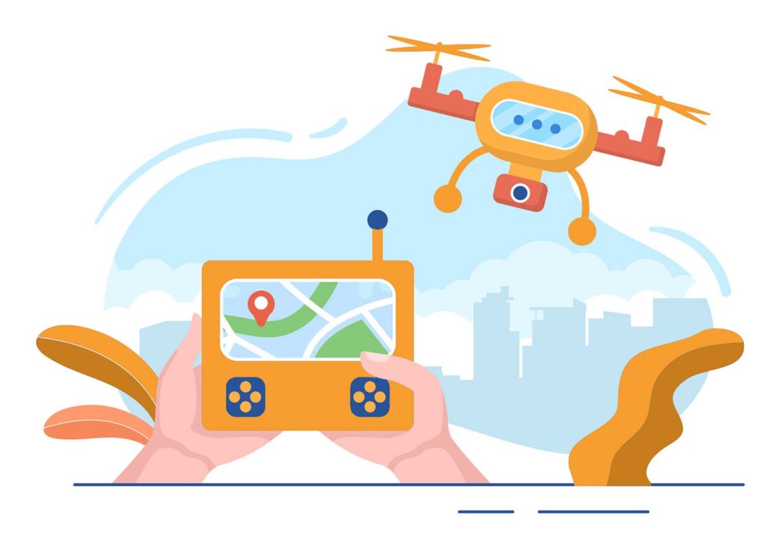 drone with camera remote control driven flying over to taking photography and video recording in flat cartoon background illustration vector 3