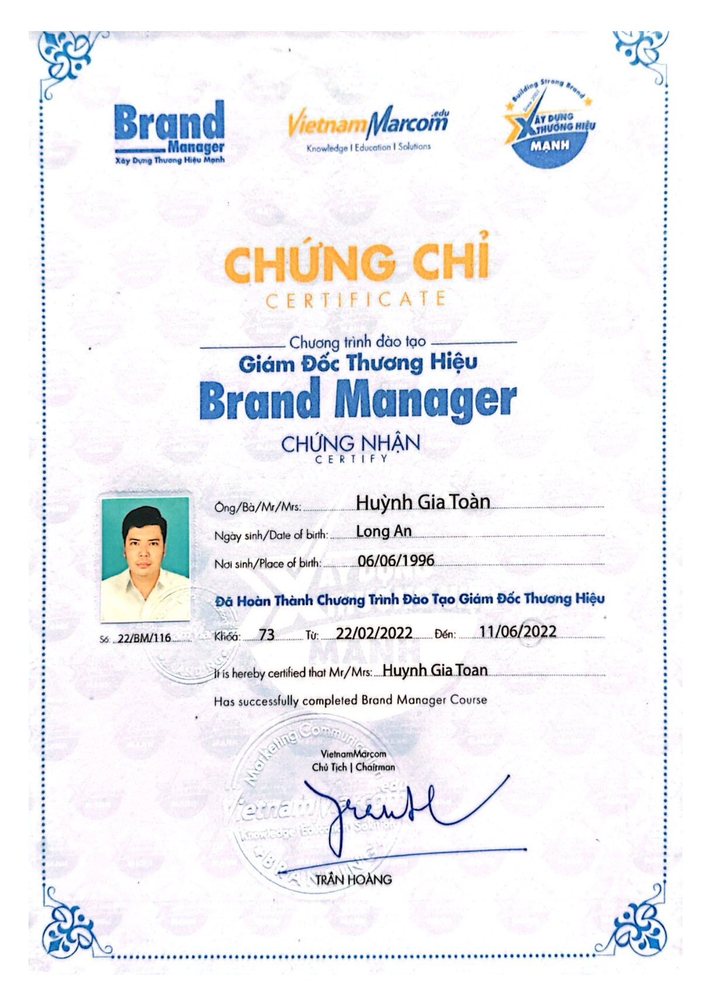 Chứng chỉ Huỳnh GIa Toàn