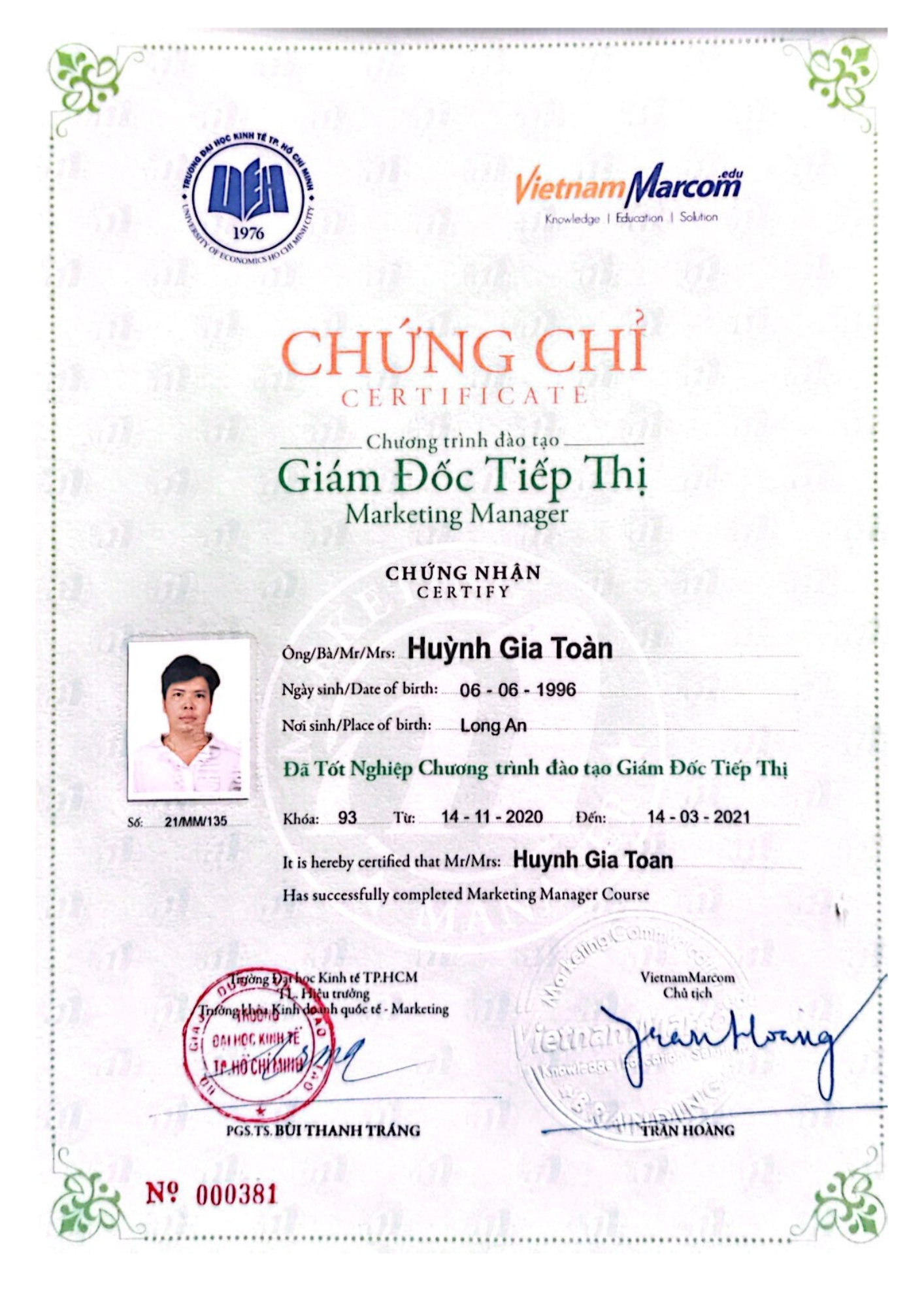 Chứng chỉ Huỳnh Gia Toàn