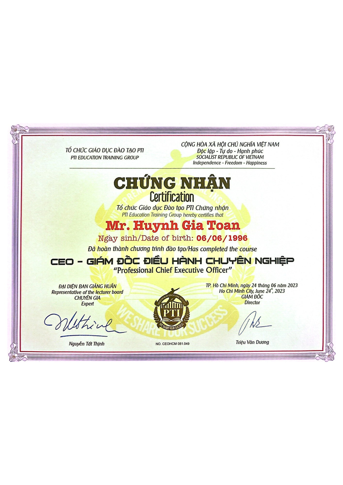 Chứng chỉ Huỳnh Gia Toàn
